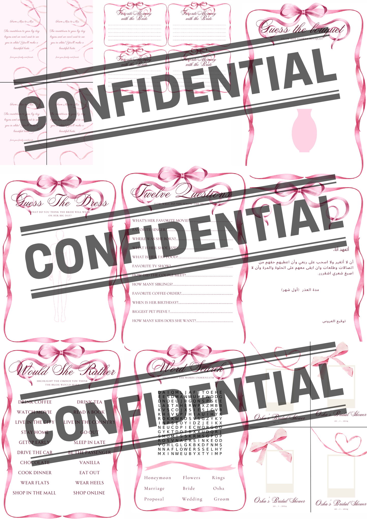 Blush bow bridal shower activities - digital download